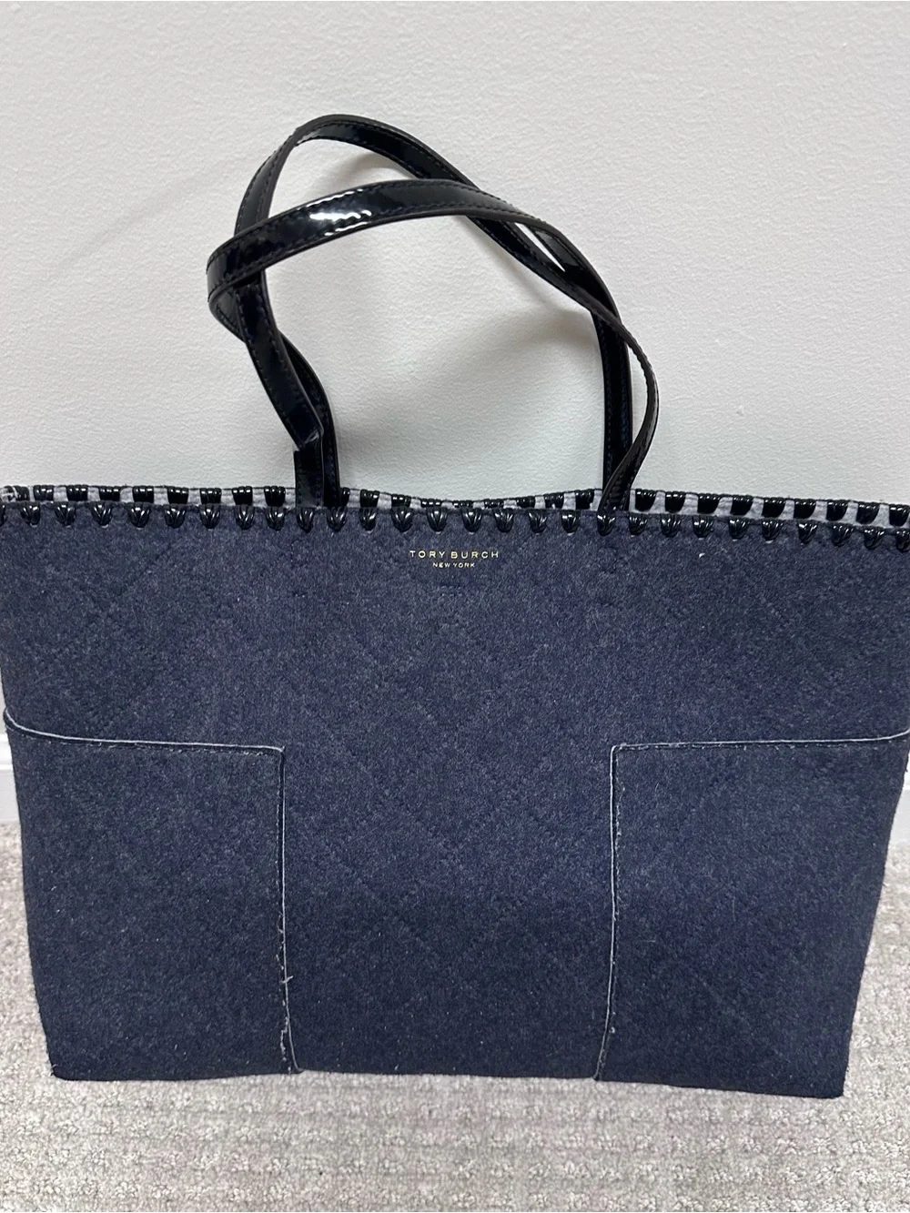 Tory Burch Block T Quilted Felt Tote in Navy with Black Patent Handles
